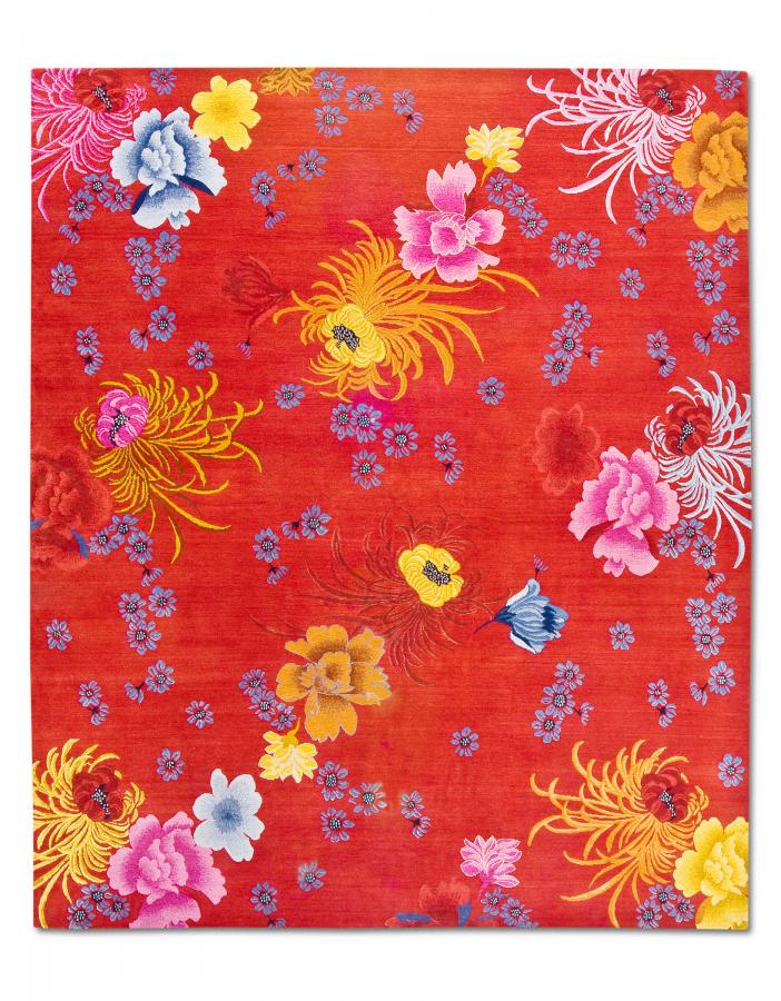 新中式红色花朵图案地毯贴图-高端定制