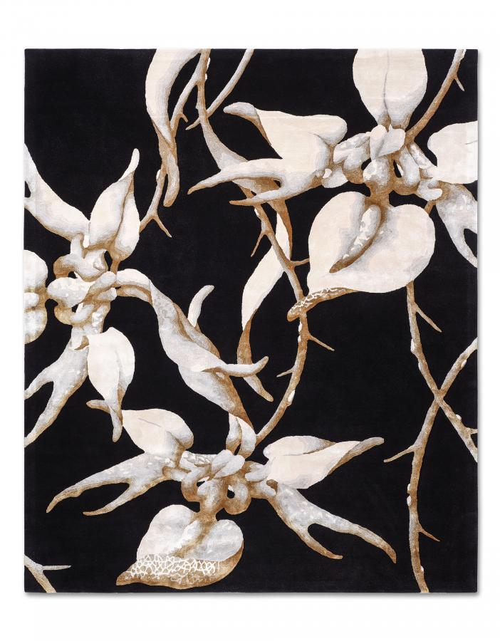 新中式植物黑色图案地毯贴图-高端定制