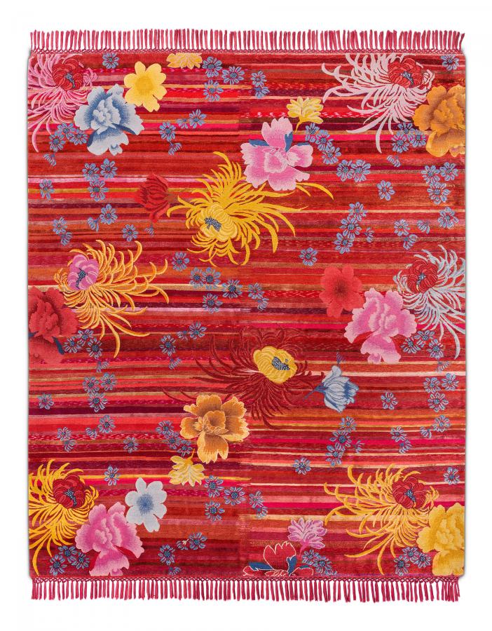 新中式红色牡丹花朵图案地毯贴图-高端定制
