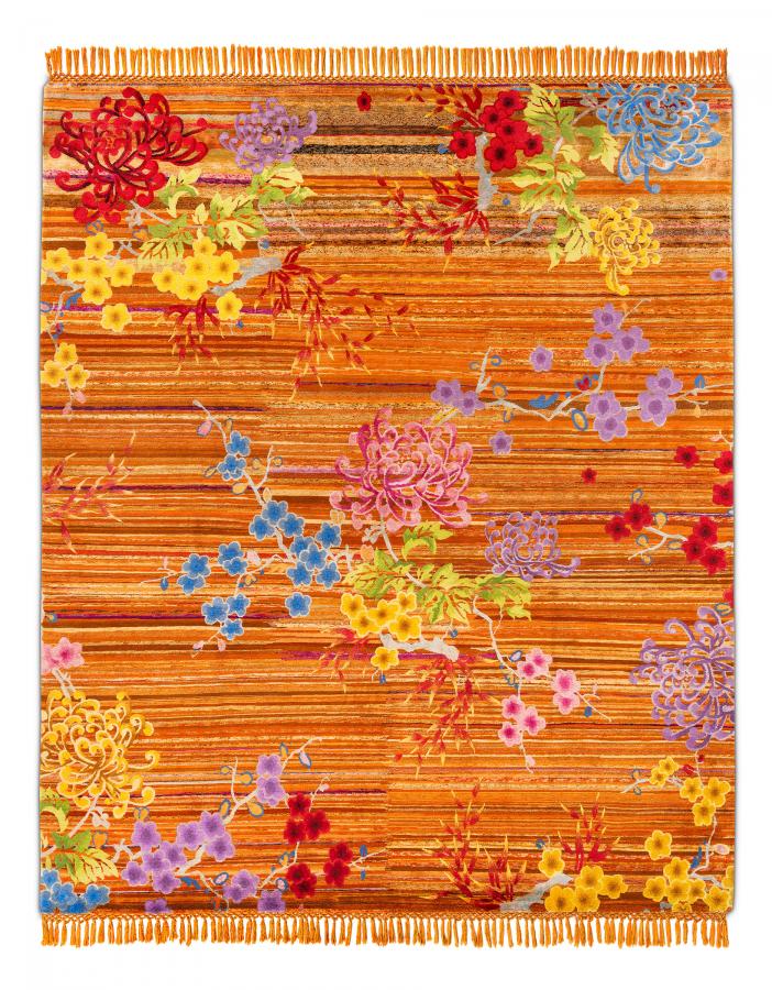 新中式风格橙色植物图案地毯贴图-高端定制