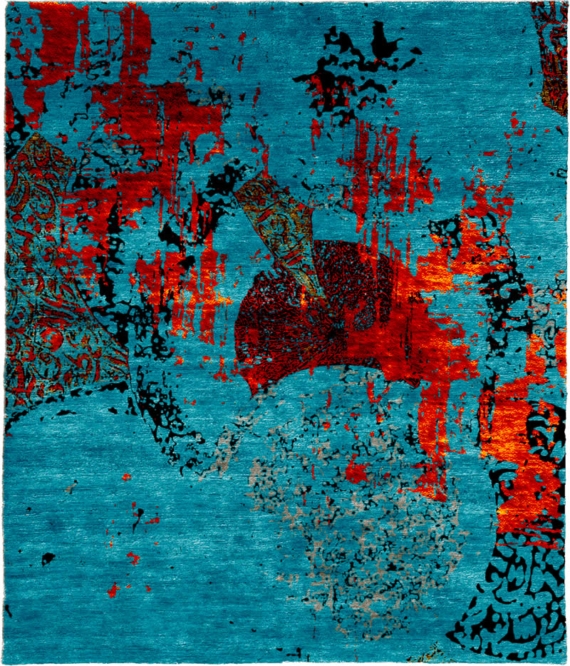 现代美式蓝色黑红抽象图案地毯贴图-高端定制