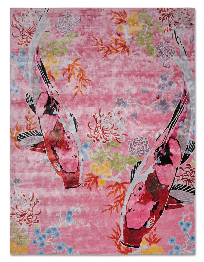 新中式粉色鲤鱼花纹图案地毯贴图-高端定制