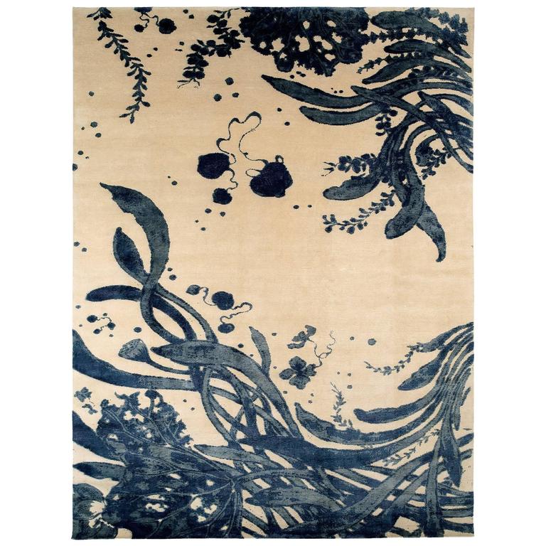 新中式蓝色植物图案地毯贴图-高端定制