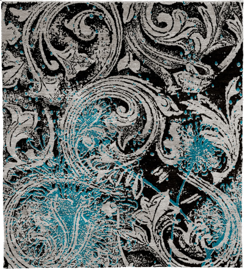 现代风格黑灰蓝色花纹图案地毯贴图-高端定制