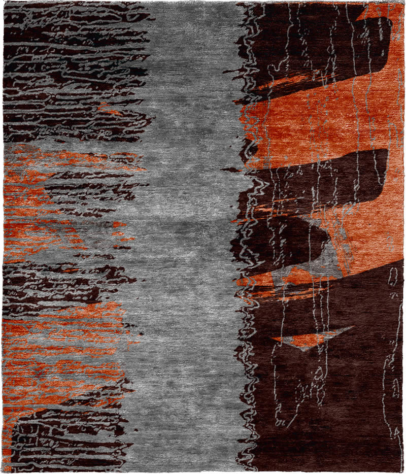 现代风格深咖色灰橘色抽象图案地毯贴图-高端定制
