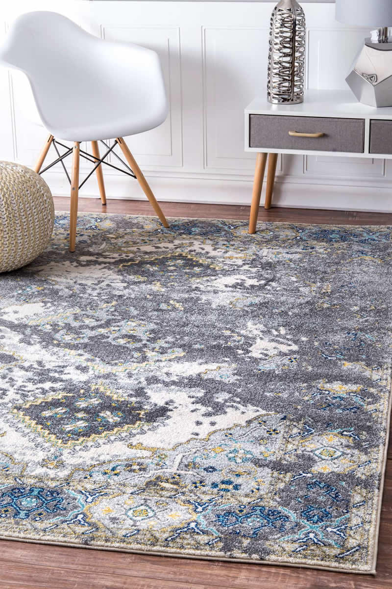 美式风格抽象灰白蓝色花纹图案地毯贴图-高端定制