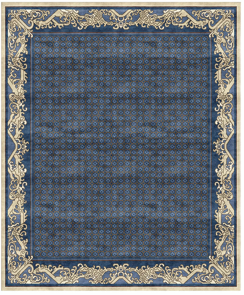 新中式蓝黄色花纹格子纹理图案地毯贴图
