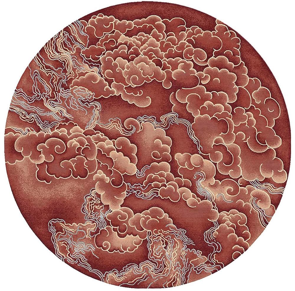 新中式砖红色祥云图案圆形地毯贴图