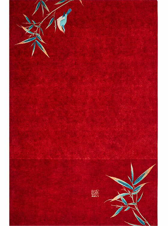 新中式红色喜鹊竹枝图案地毯贴图