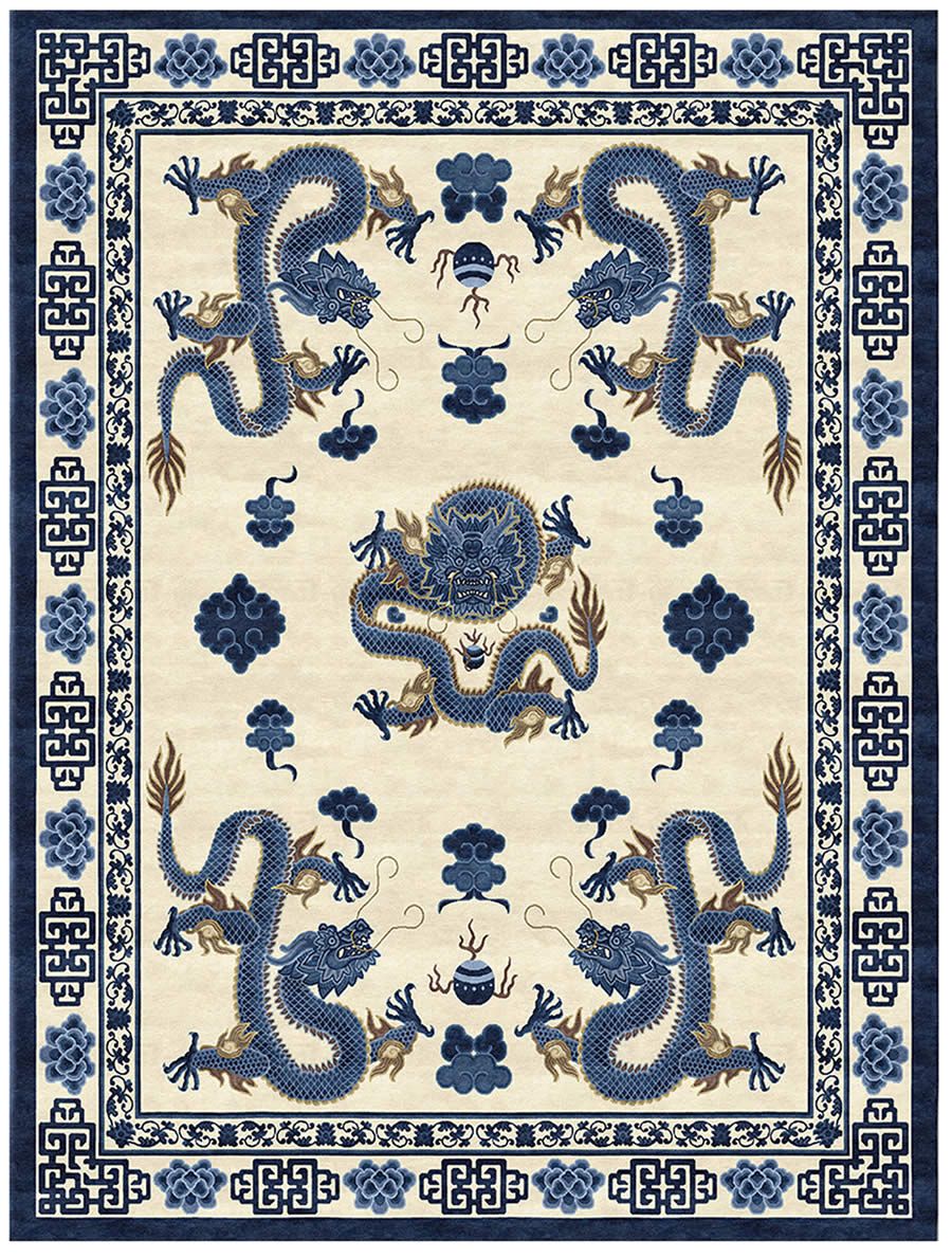 新中式古典蓝墨色龙图案地毯贴图——高端定制